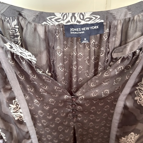 Blouse Mixed Media Pattern Top Tunic Peasant 3/4 Sleeves Cool Gray Hue Medium - Picture 8 of 8